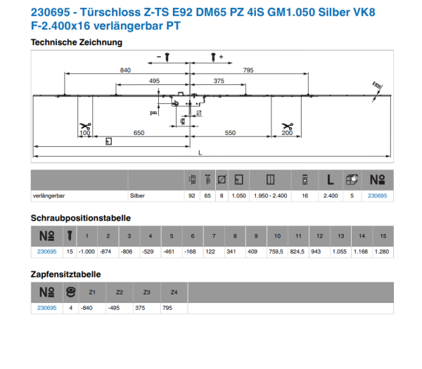 MACO Z-TS ajtózár 92-16-8 kulccsal vezérelhető, 4x IS csap - ezüst, 65